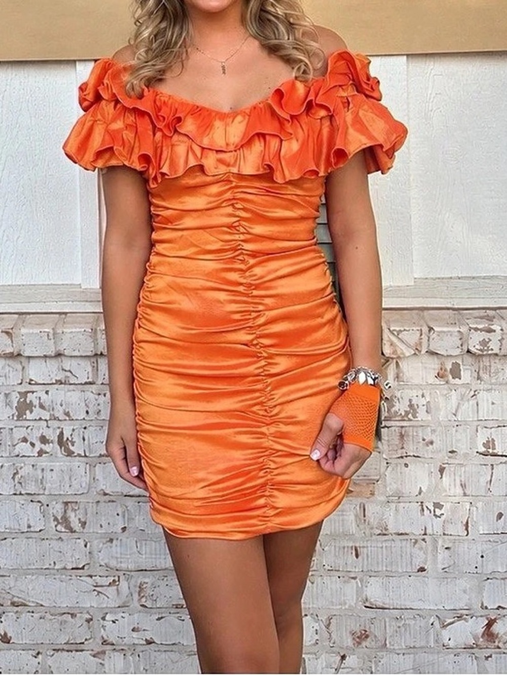 Lovers and Friends Nikolina Ruched Dress Orange Small. Retro prom